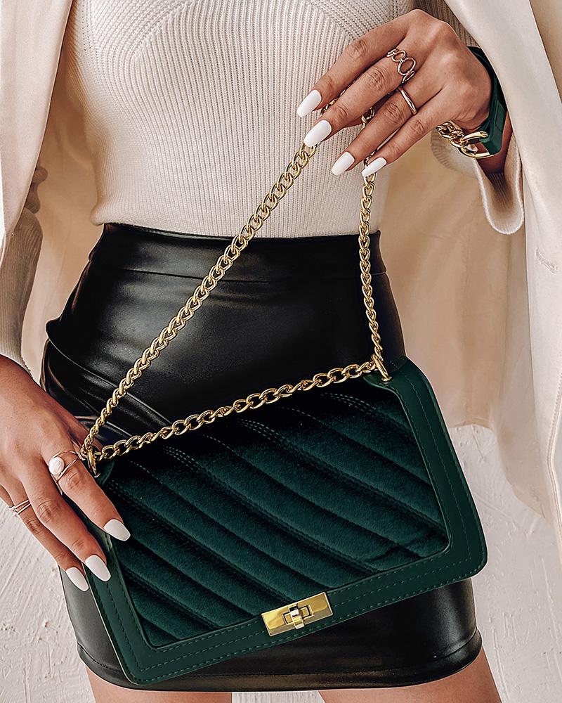 

Velvet Patch Twist Lock Chain Shoulder Bag, Green