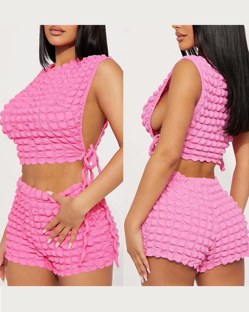 

Bubble Textured Tied Detail Crop Top & Shorts Set, Pink