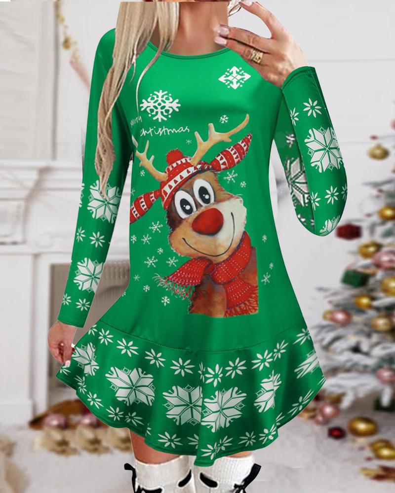 

Christmas Snowflake Elk Print Long Sleeve Casual Dress, Green