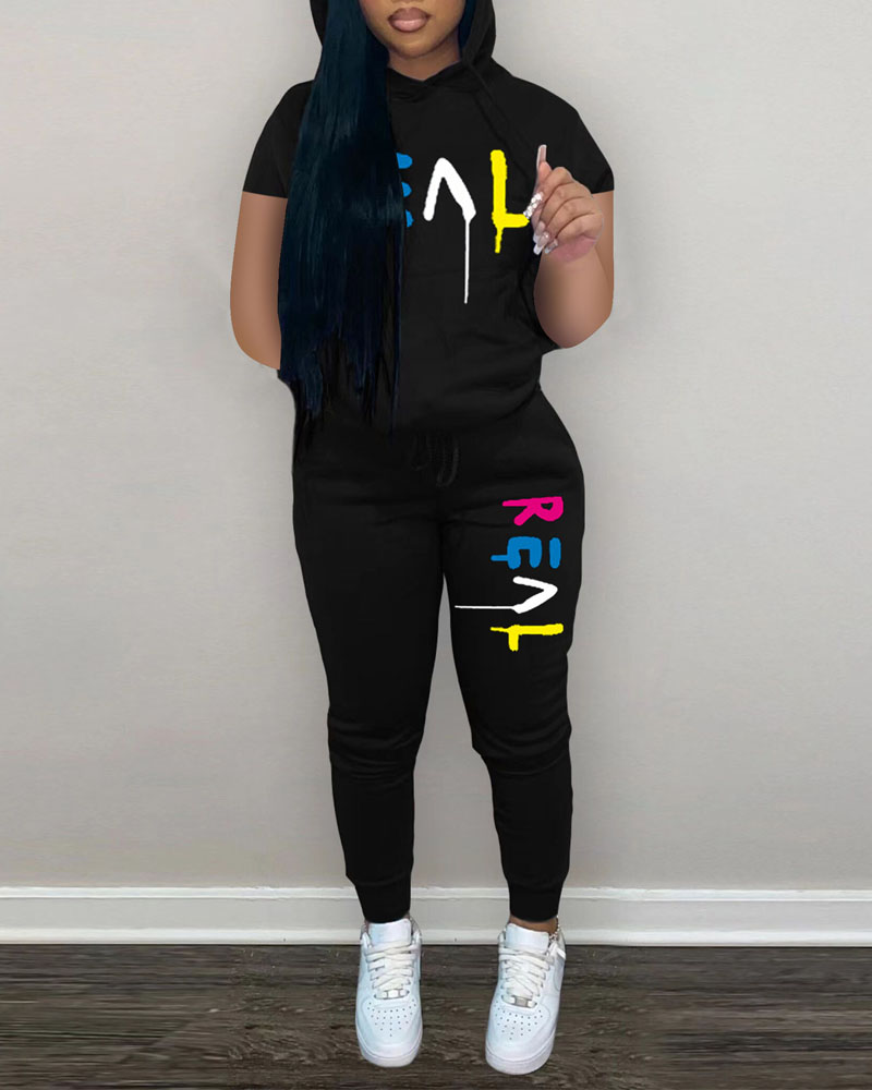 

Letter Print Hooded Top & Drawstring Pants Set, Black