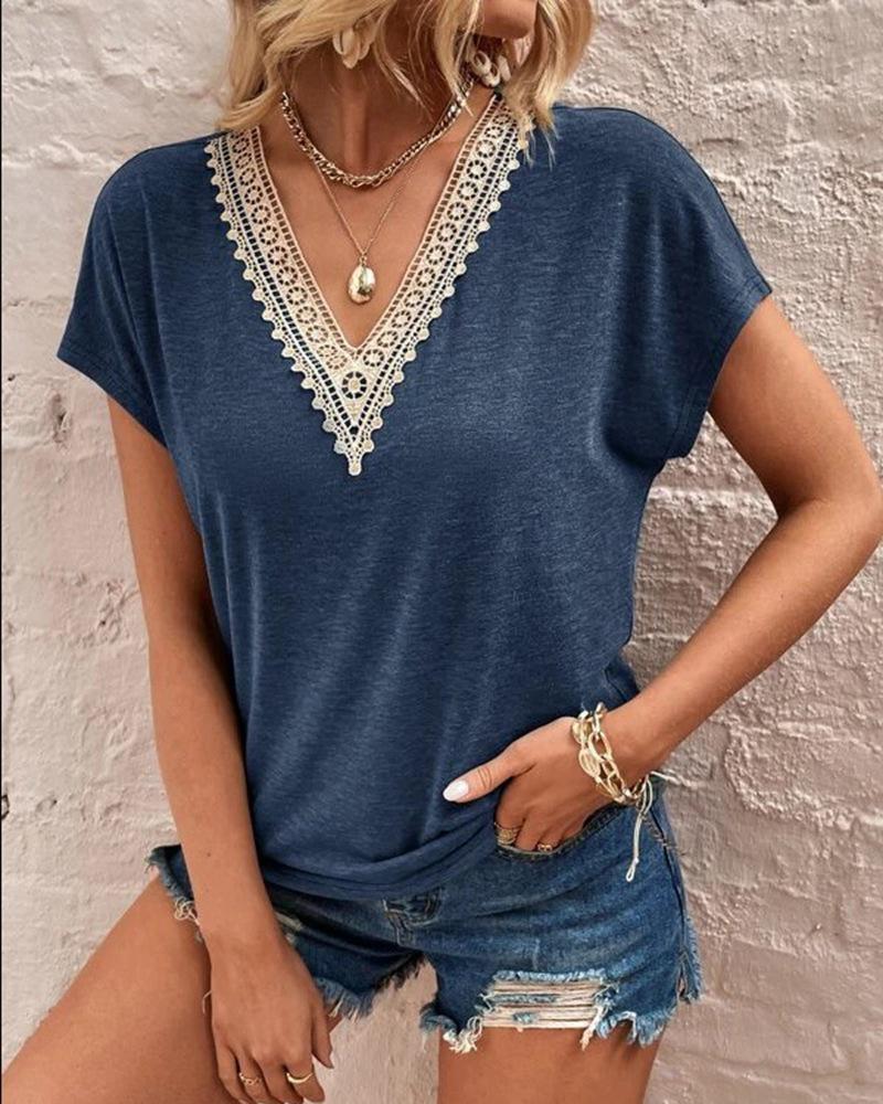 

Guipure Lace V-Neck Casual T-shirt, Blue