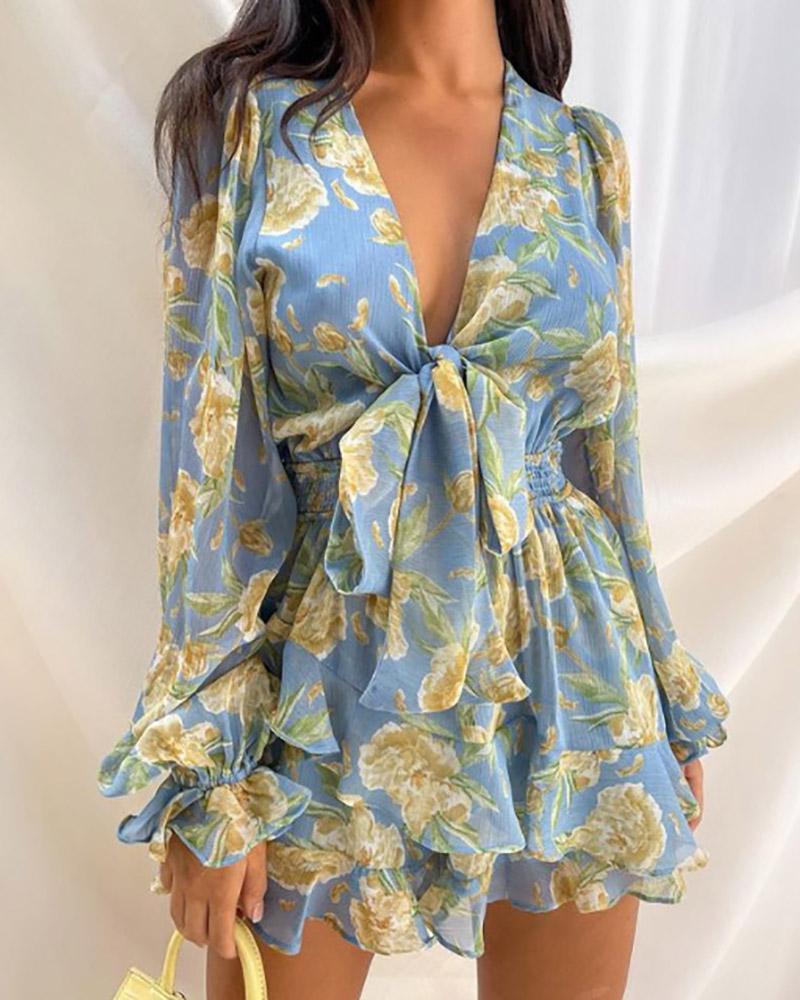 

Plunge Floral Print Knotted Design Romper, Blue