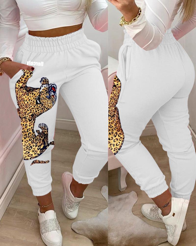 

Pocket Design Leopard Print Casual Pants, White