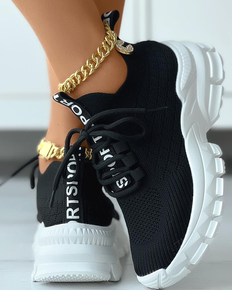 

Lace-up Letter Print Breathable Sneakers, Black