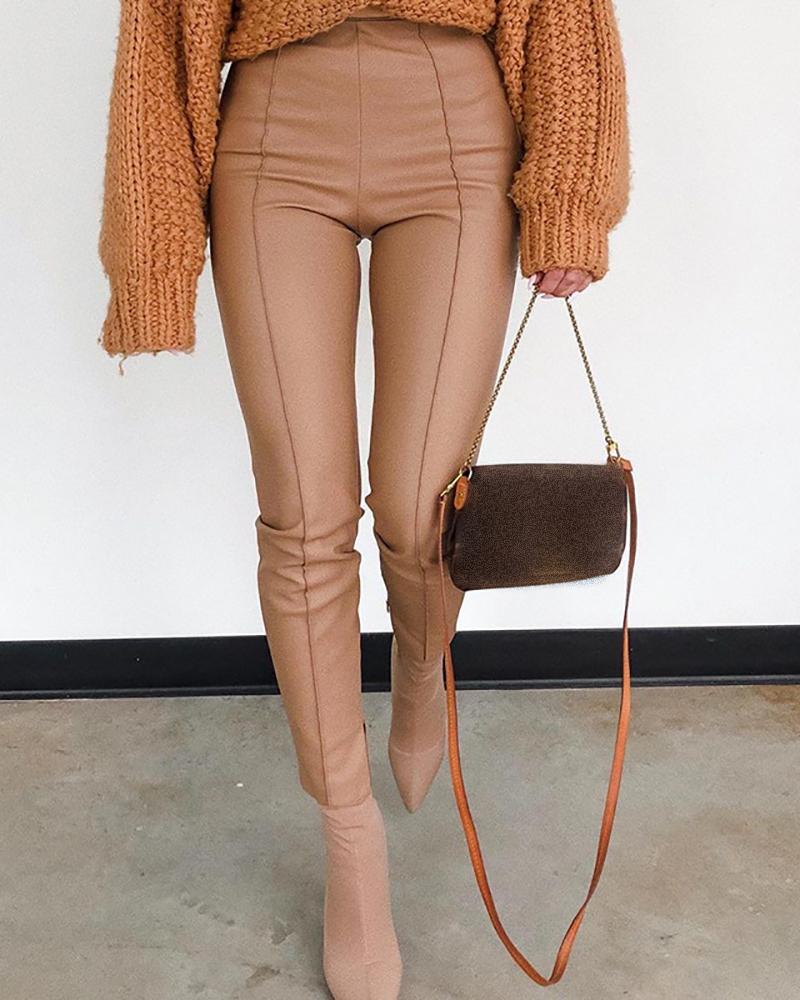 

High Waist PU Leather Skinny Slit Pants, Khaki