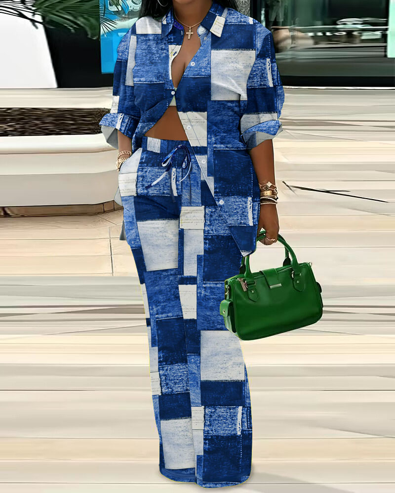 

Plus Size Denim Look Print Buttoned Top & Drawstring Pants Set, Blue