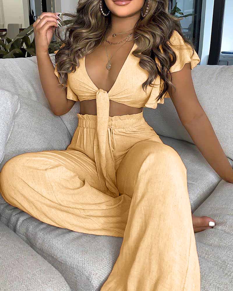 

Ruffles Sleeve Knotted Top & High Waist Pants Set, Yellow