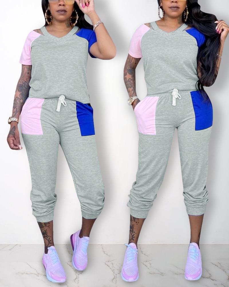 

Color Block Cut-out Short Sleeve T-shirt With Pants Suit Sets, Gray