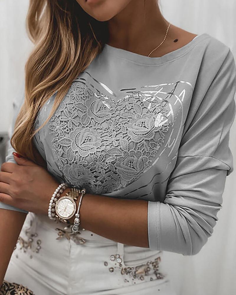 

Guipure Lace Long Sleeve Blouse, Gray