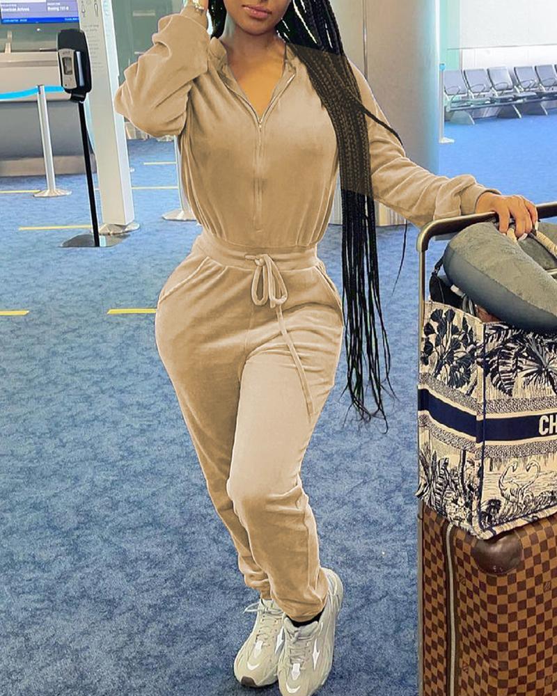 

Zipper Design Drawstring Long Sleeve Jumpsuit, Apricot