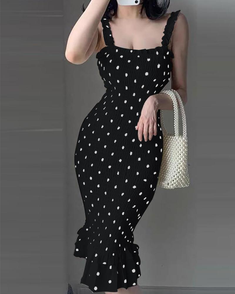 

Spaghetti Strap Polkadot Print Shirred Mermaid Dress, Black