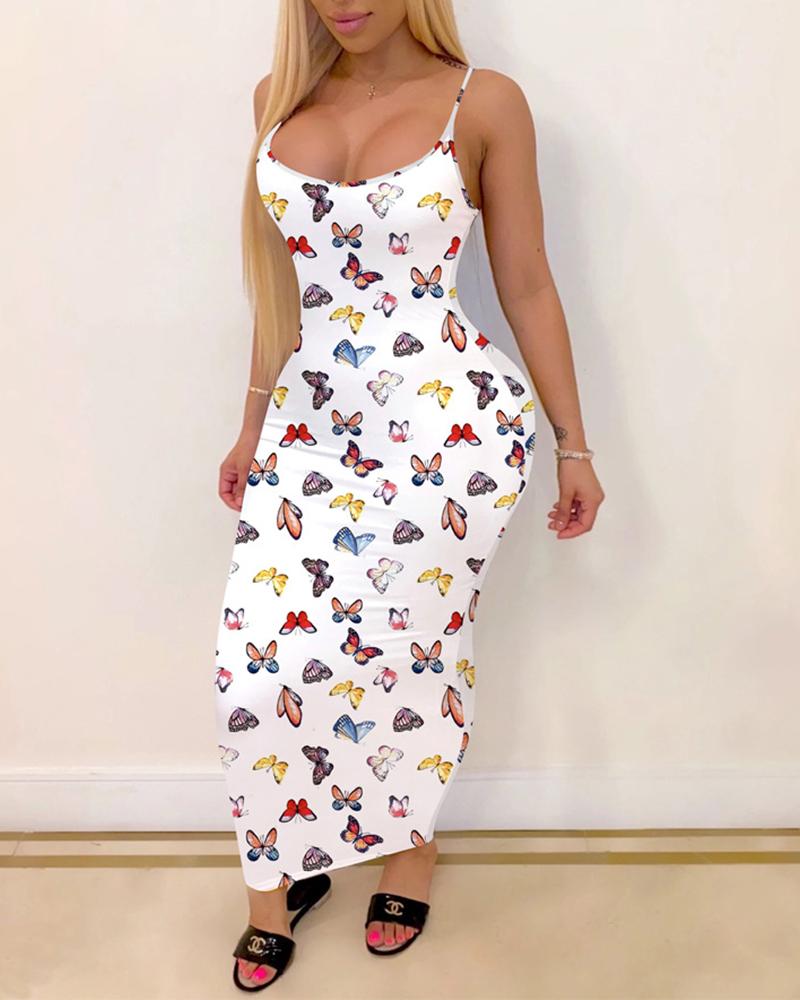 

Spaghetti Strap Butterfly/Tie Dye Print Maxi Dress, White