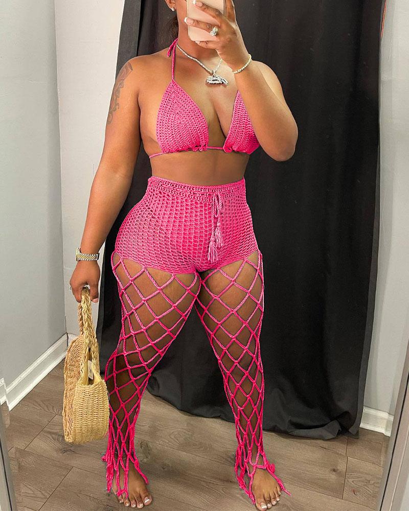 

Crochet Halter Crop Top & Fishnet Cover Up Pants Set, Hot pink