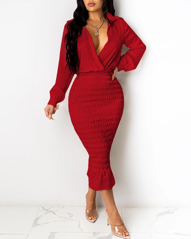 

Lantern Sleeve Button Design Shirring Women Shirt Dress, Wine red