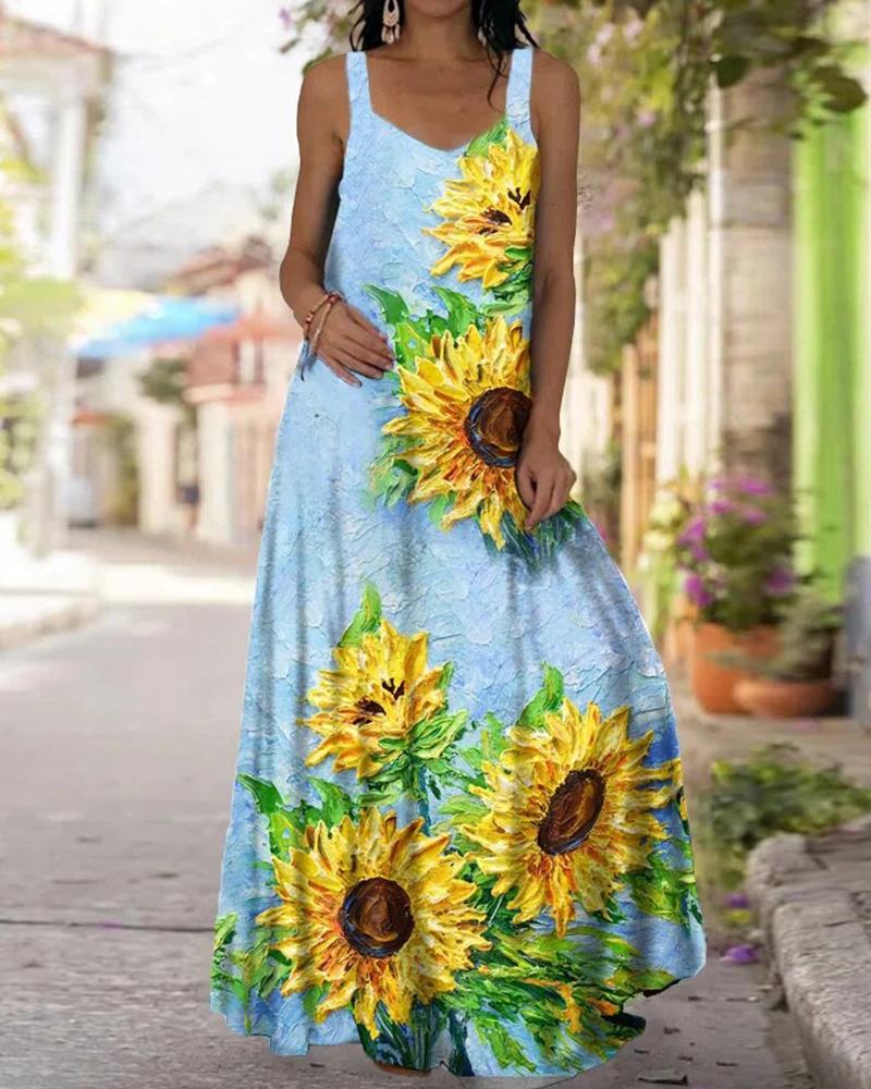 

Sunflower Print Sweetheart Neck Sleeveless Maxi Dress, Blue