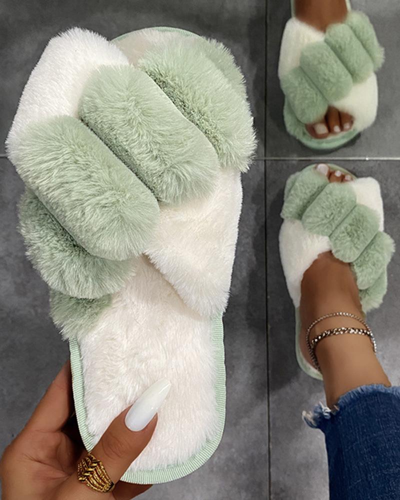 

Crisscross Round Toe Fuzzy Slippers, Green