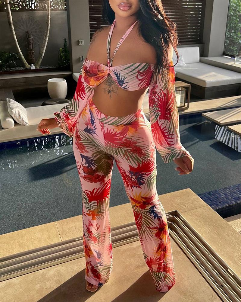 

Tropical Print Lantern Sleeve Crop Top & High Waist Pants Set, Pink