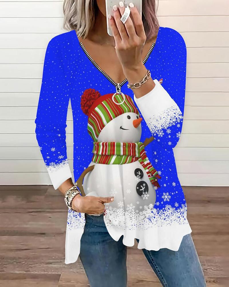 

Christmas Snowman Print Zipper Design Top, Blue