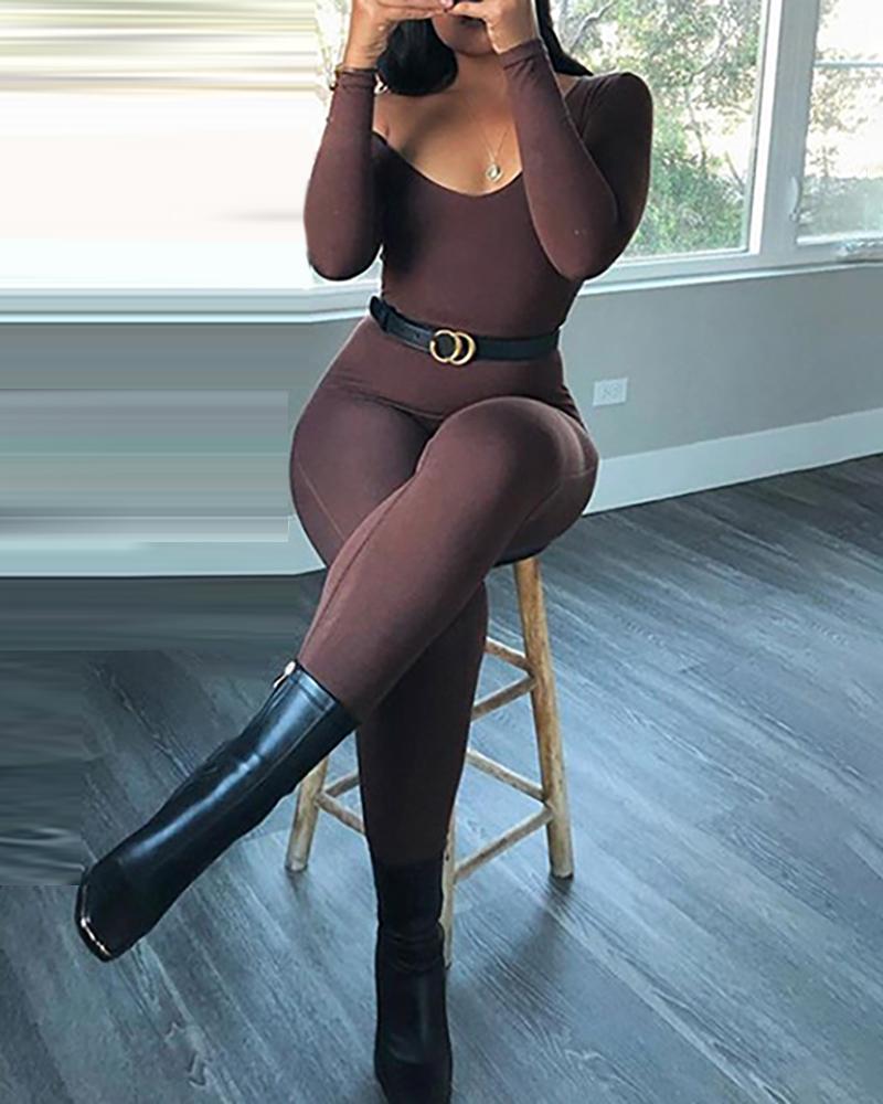 

Long Sleeve U Neck Skinny Jumpsuit, Coffee