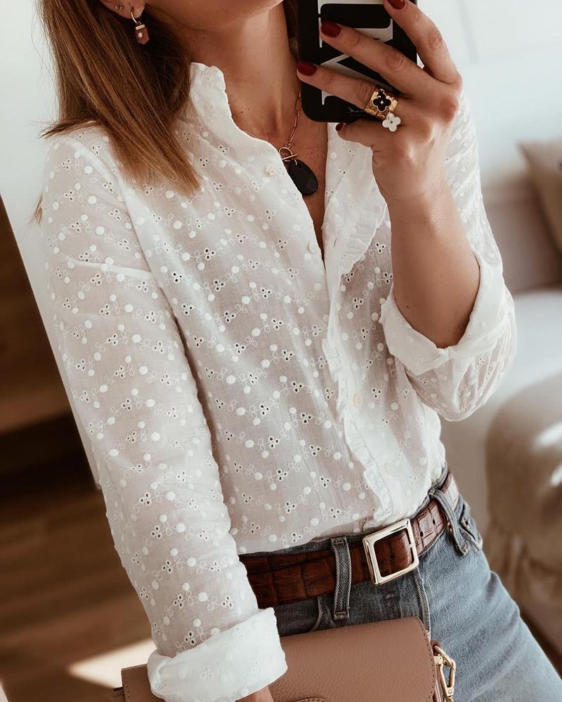 

Eyelet Embroidery Frill Hem Button Design Shirt, White
