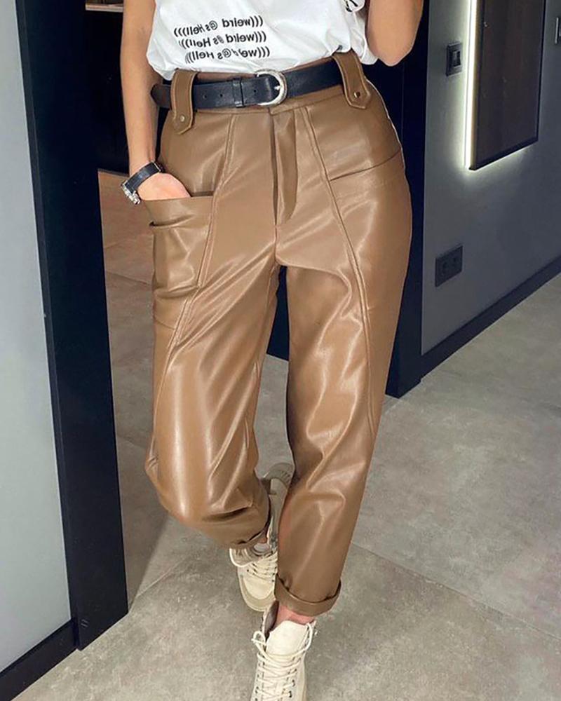 

PU Leather Pocket Design Pants, Brown