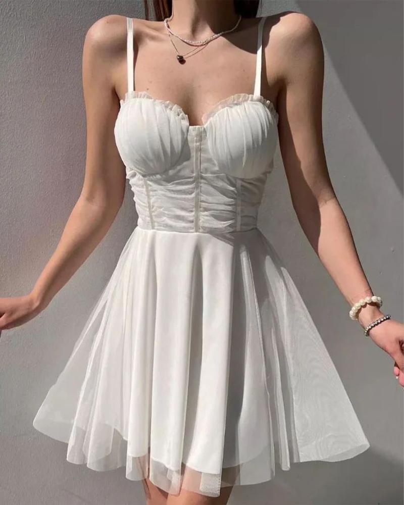 

Frill Hem Ruched Bust Sheer Mesh Corset Dress, White