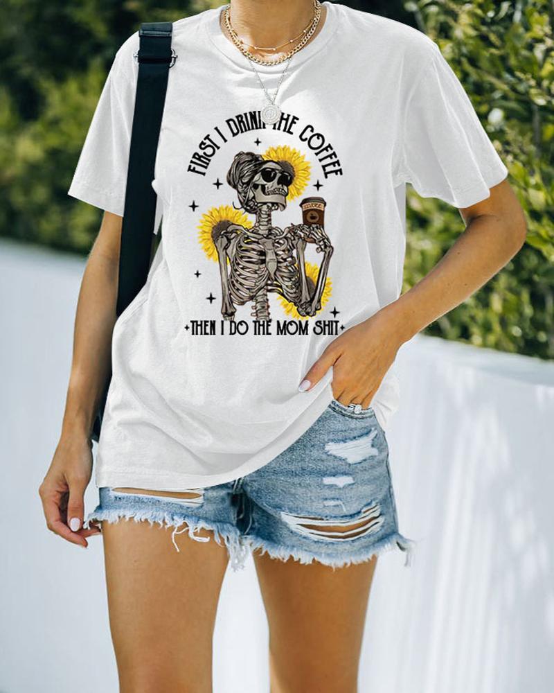 

Halloween Skeleton Sunflower Print Casual T-shirt, White