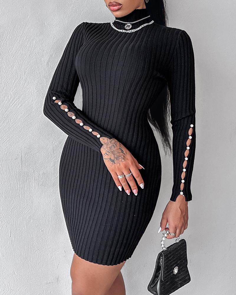 

Mock Neck Beaded Knit Bodycon Dress, Black