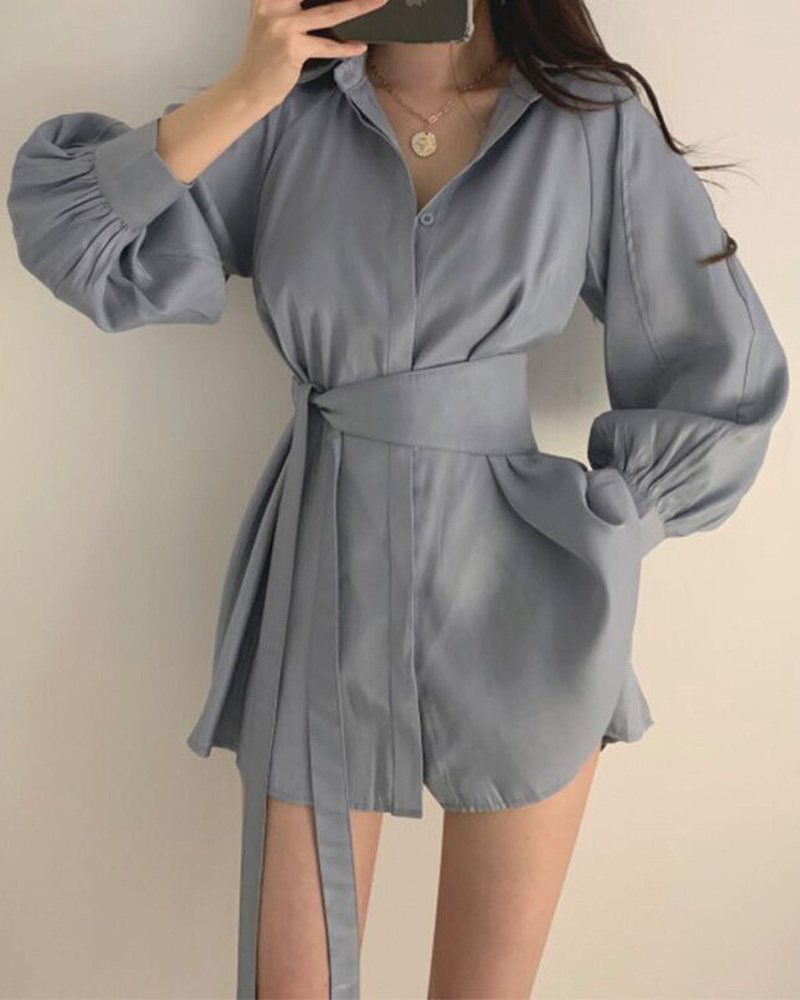 

Tied Detail Ruched Buttoned Shirt Dress, Gray