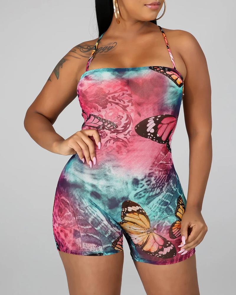 

Butterfly Tie Dye Print Backless Bandage Romper, Hot pink