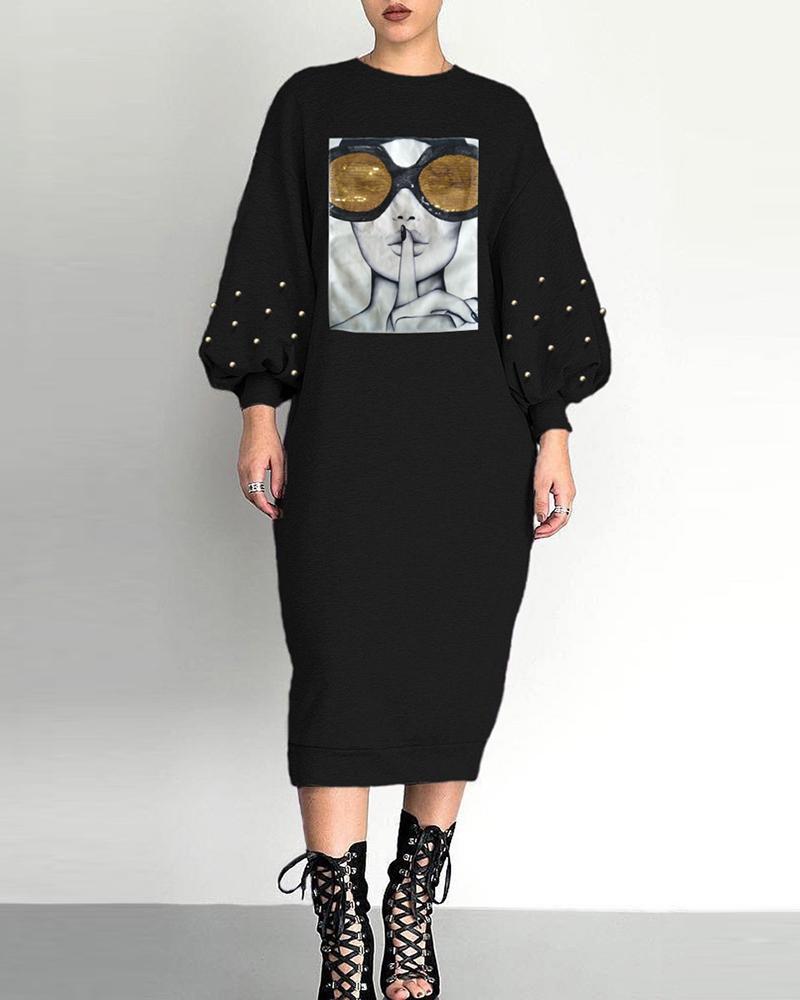 

Figure Print Sequins Beaded Lantern Sleeve Dress, Black