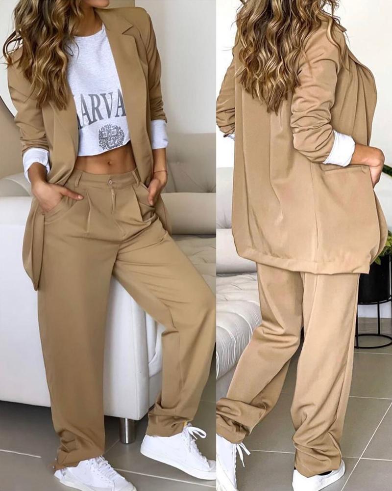 

Notched Collar Blazer Coat & Ruched Pants Set, Khaki