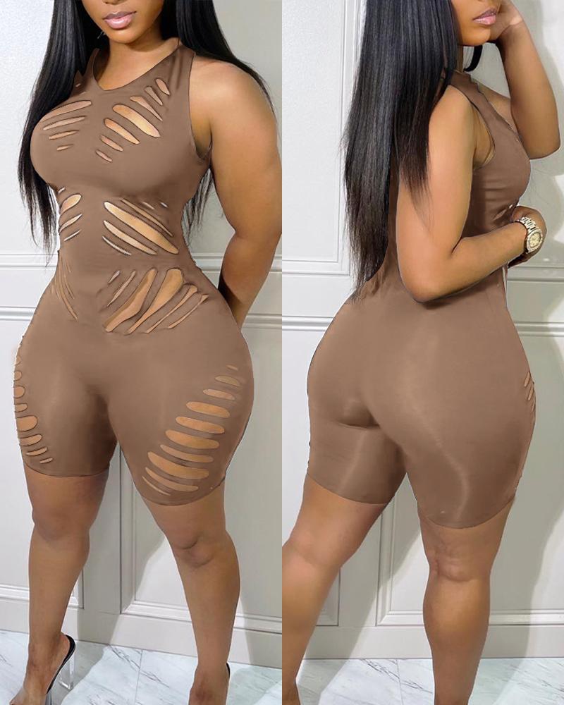 

Plain Cutout Sleeveless Skinny Romper, Khaki