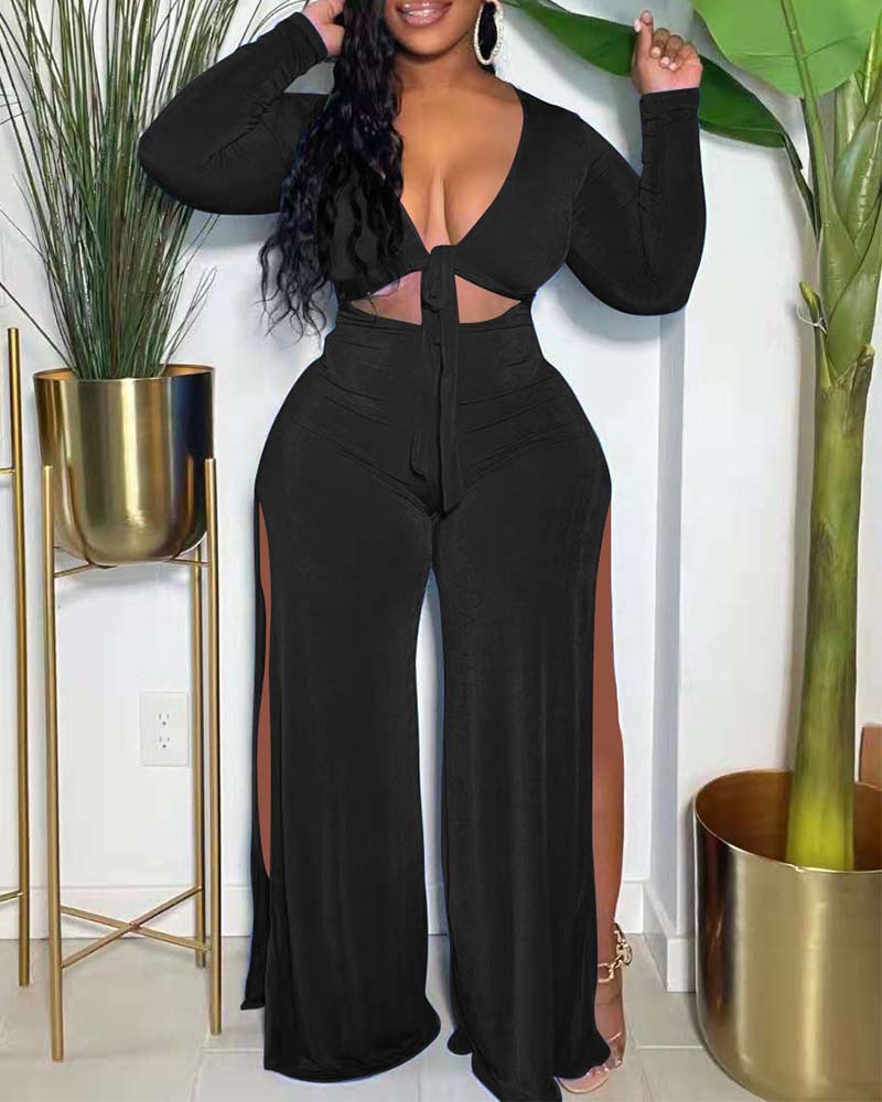 

Plus Size Velvet Cut-Out V-Neck Knot Front Split Hem Wide Leg Jumpsuit, Black
