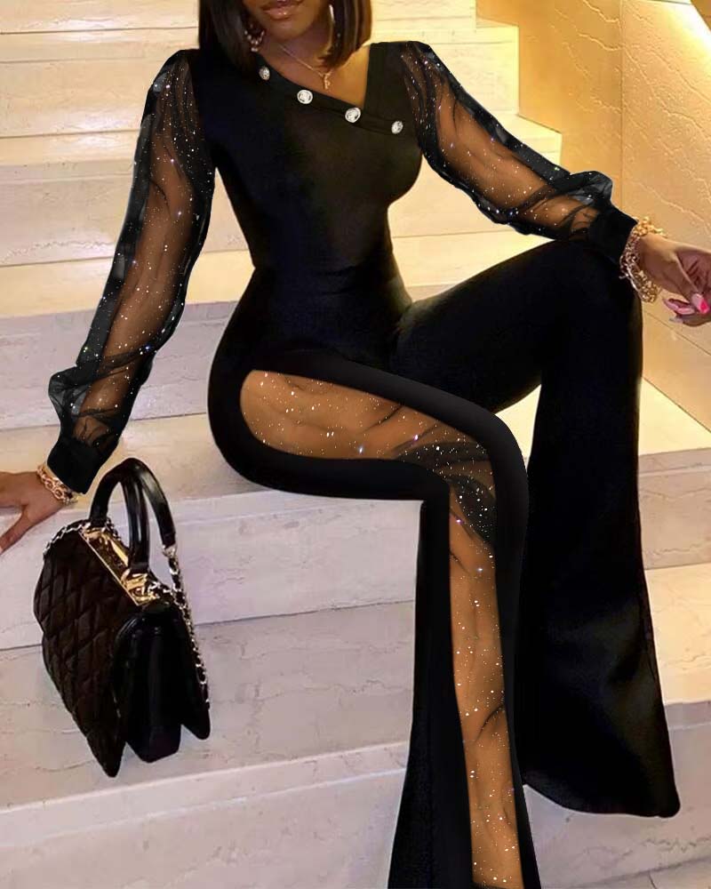 

Contrast Mesh Long Sleeve Flared Leg Jumpsuit, Black