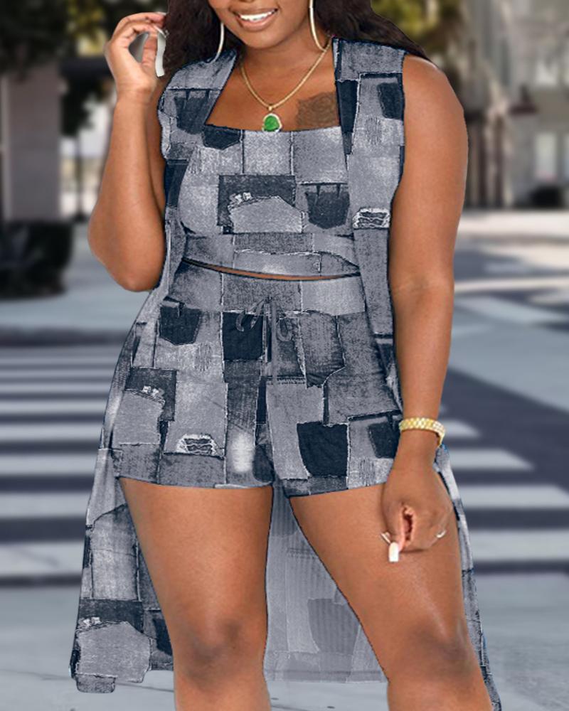 

Plus Size 3PCS Denim Look Print Ribbed Tank Top & Shorts Set With Vest Coat, Gray