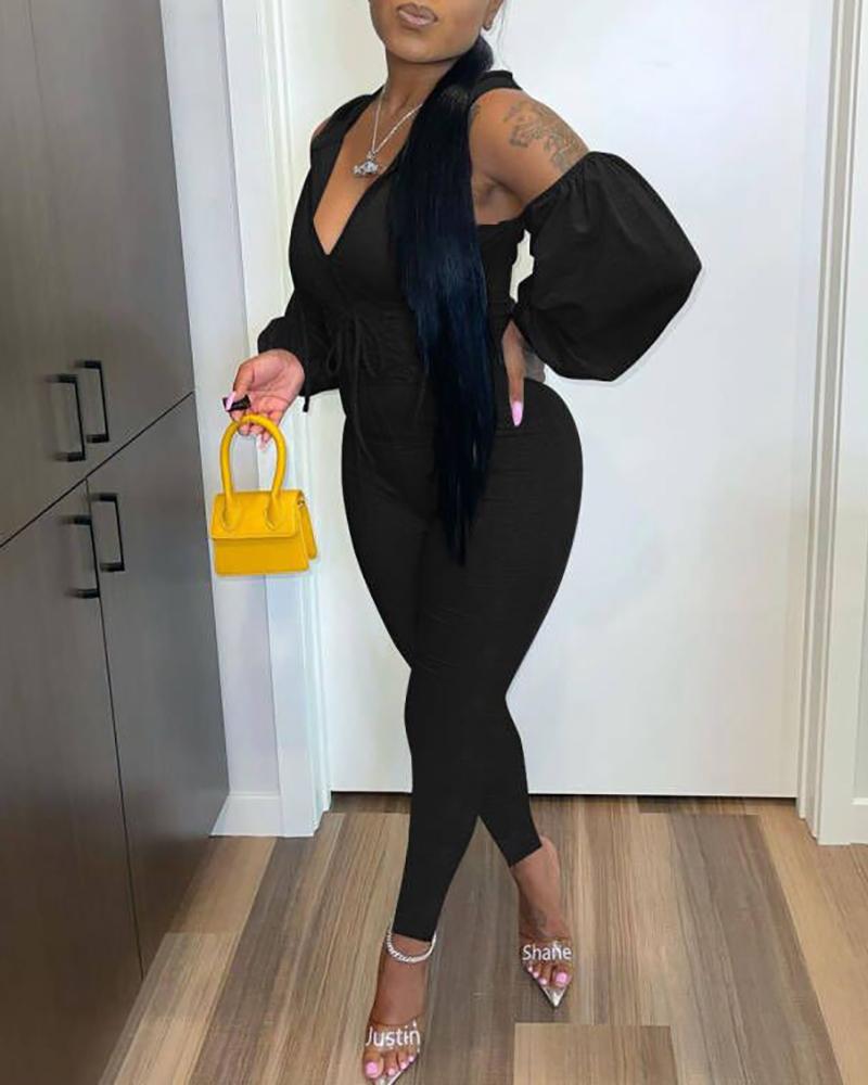 

Zipper Design Lace-up Lantern Sleeve Jumpsuit, Black