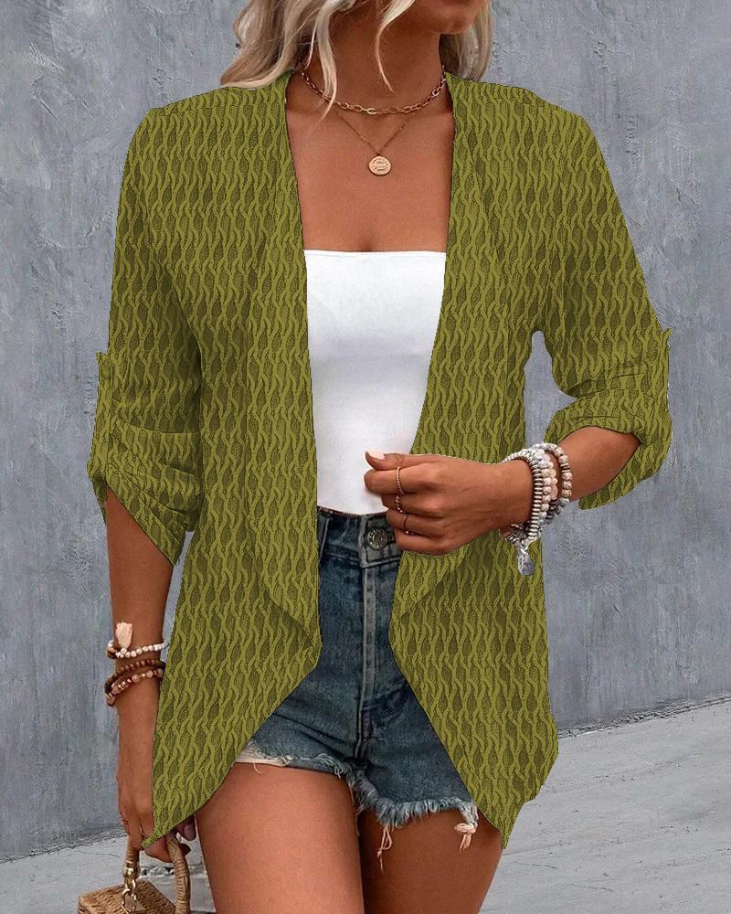 

Roll Up Sleeve Open Front Textured Coat, Green