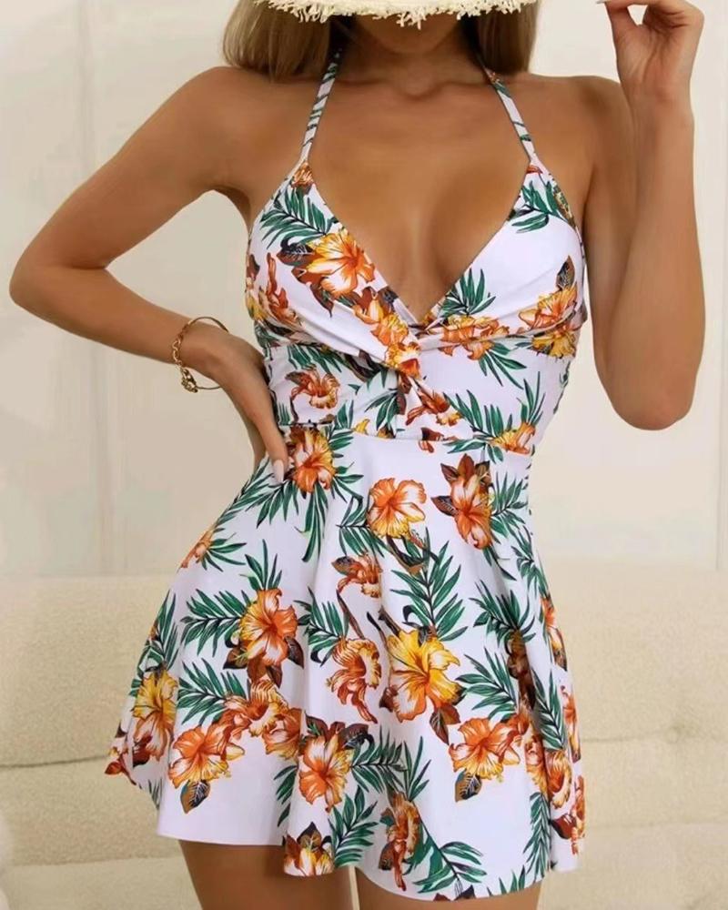 

Halter Tropical Print Swim Dress With Panty, White