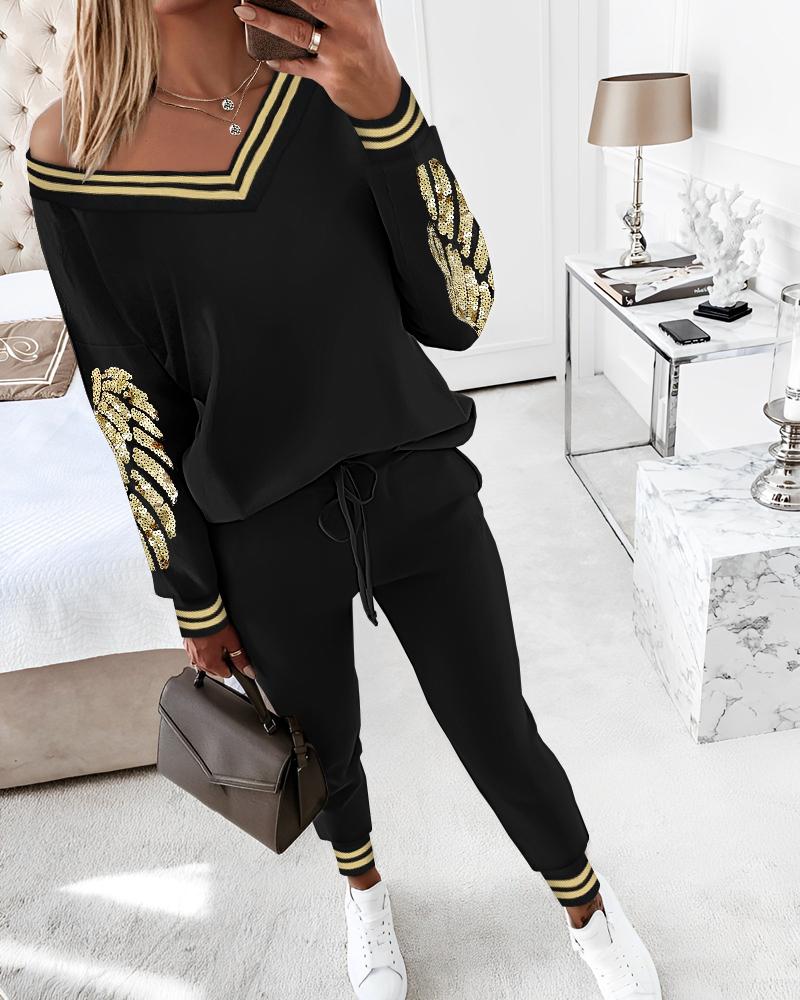 

Ensemble de jogging 2 pièces à rayures et paillettes avec haut à col incliné et pantalon à revers et cordon de serrage, Black