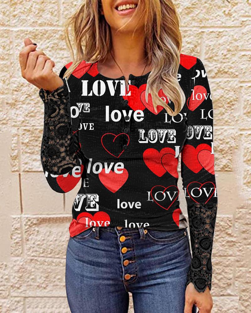 

Heart Print Button Decor Crochet Lace Top, Style6