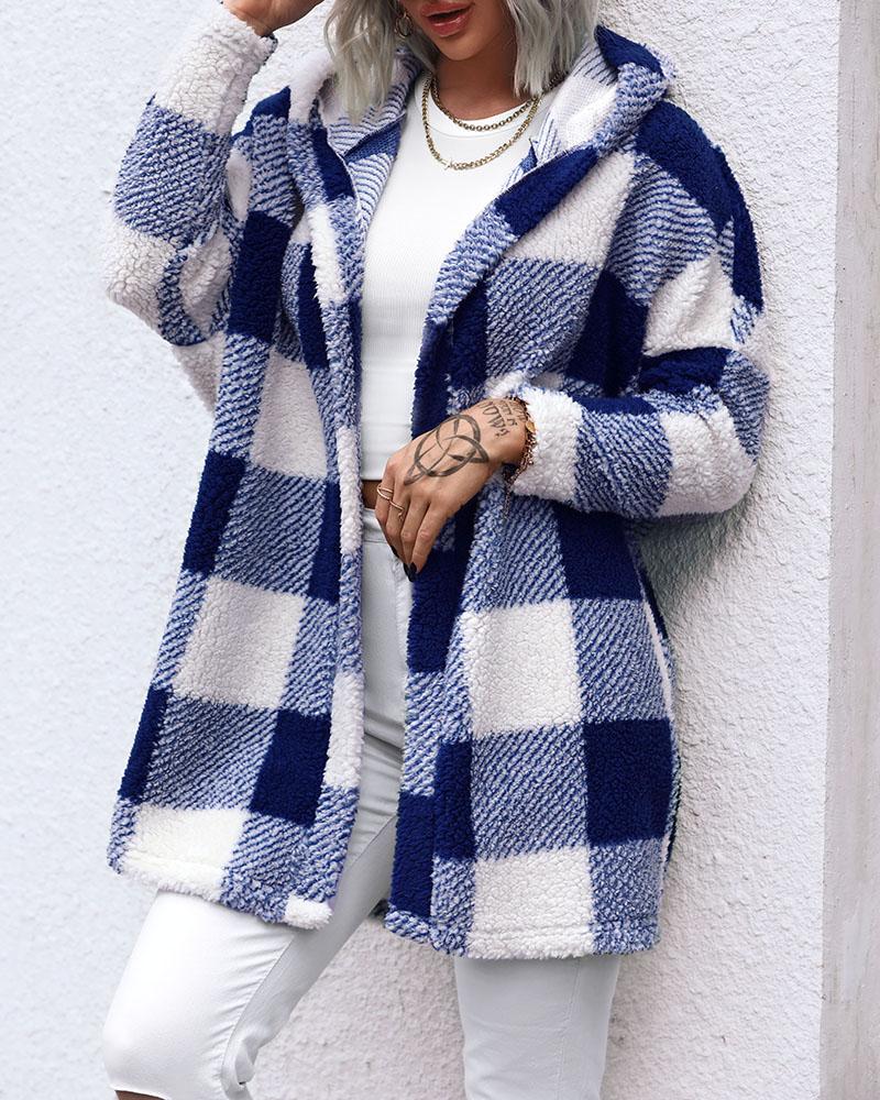 

Plaid Print Colorblock Open Front Batwing Hooded Cardigan, Blue