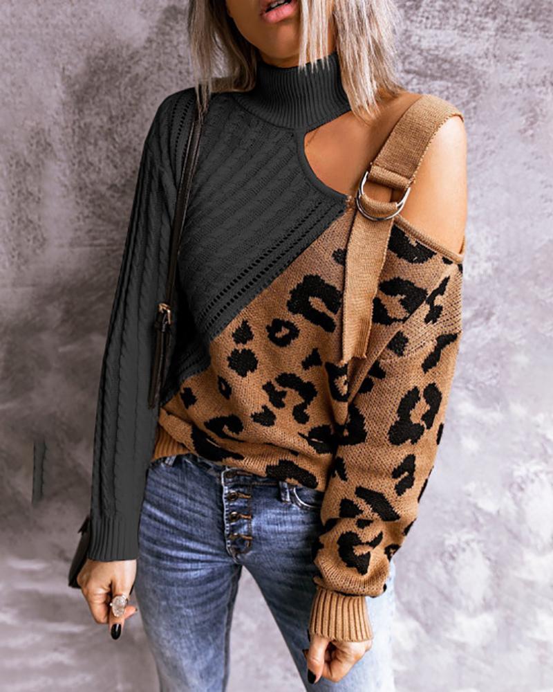 

Contrast Leopard Pattern Buckled Knit Sweater, Black