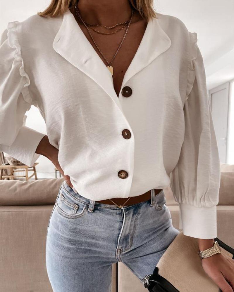 

Solid Color Frill Hem Long Sleeve Button Shirt, White
