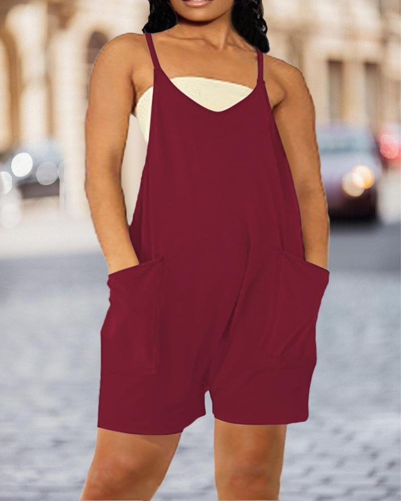 

Plus Size Pocket Design V-Neck Cami Romper, Wine red