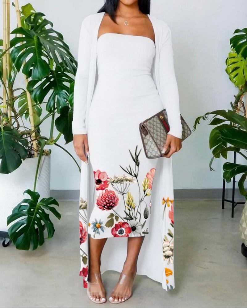 

Floral Print Skinny Tube Dress With Longline Cardigan Set, White