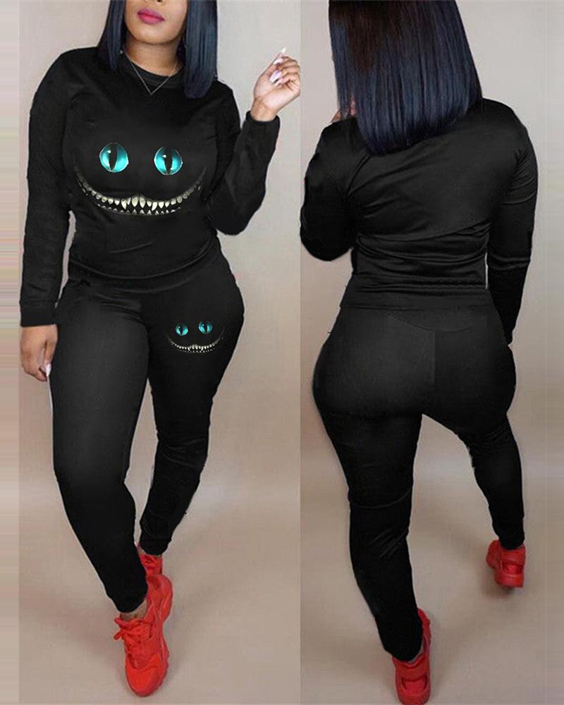 

Halloween Graphic Print Long Sleeve Top & Pants Set, Black