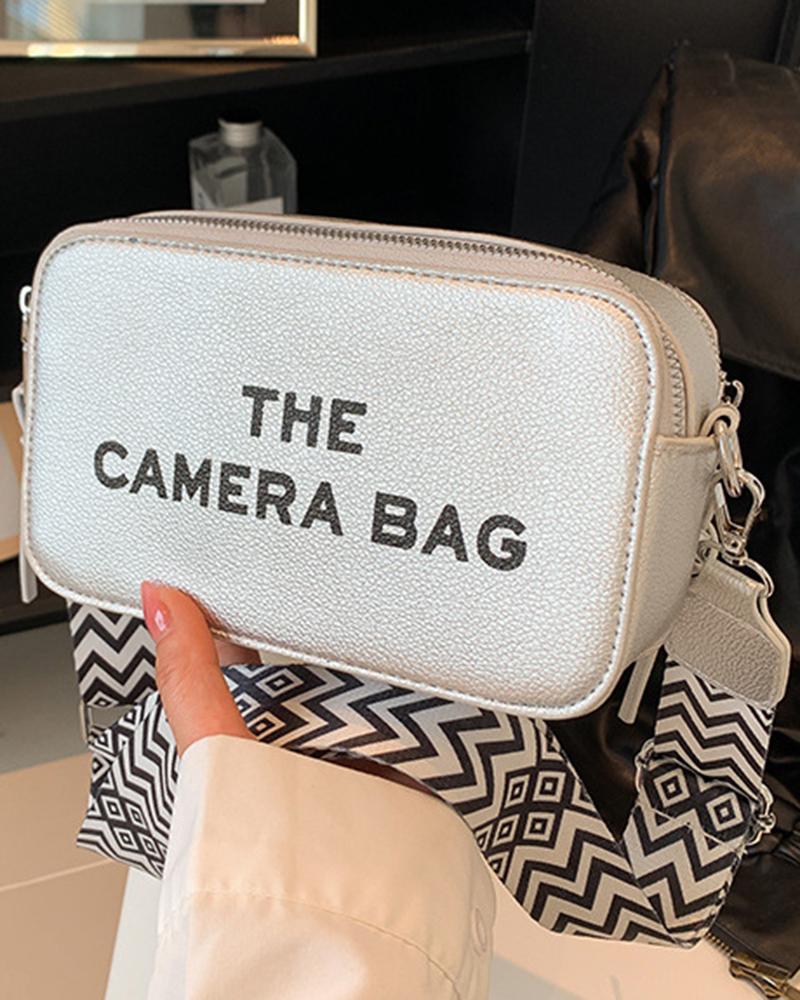 

Letter Print Zipper Crossbody Bag, Silver