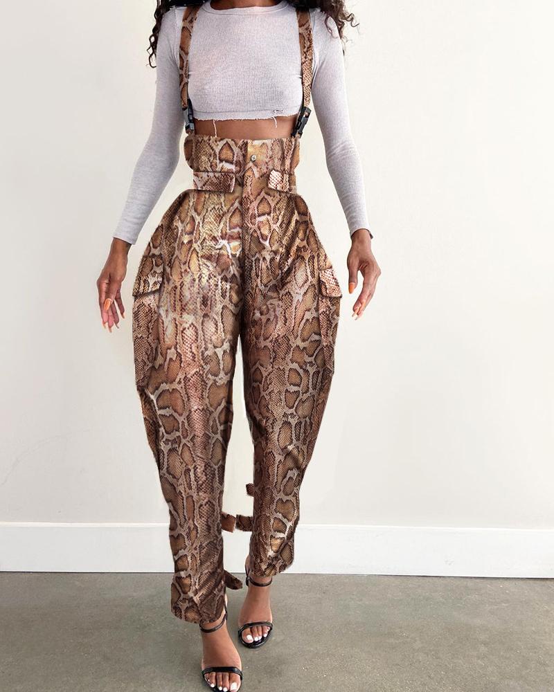 

Snake Print High Waist Suspender Cargo Pants, Snakeskin