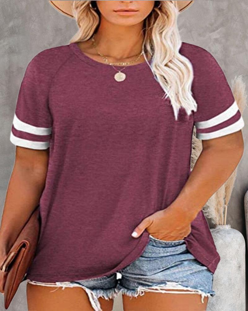 

Plus Size Contrast Paneled Short Sleeve Casual T-shirt, Red